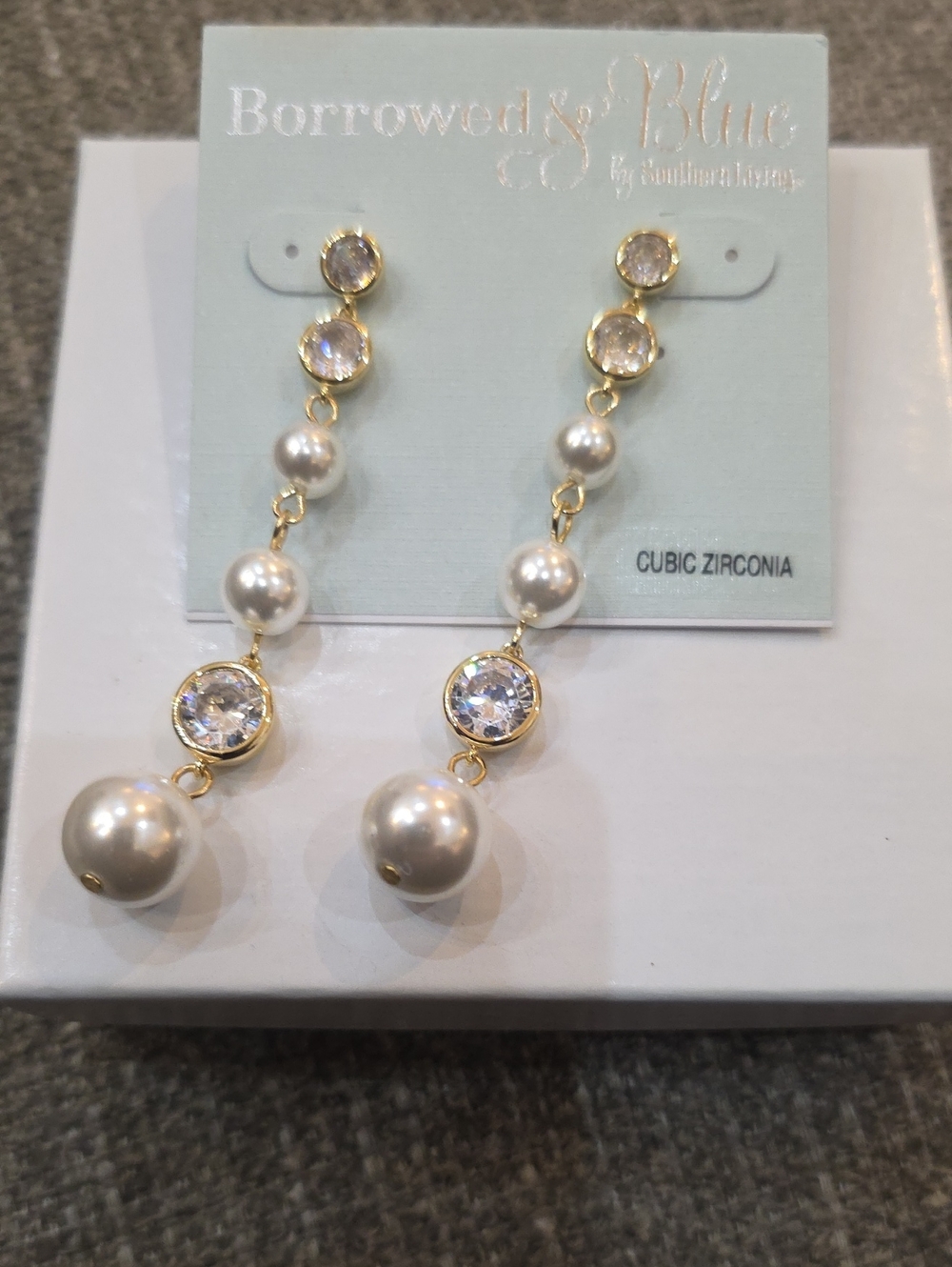 Borrowed & Blue Gold-Tone Pearl Drop Earrings with Clear Stones